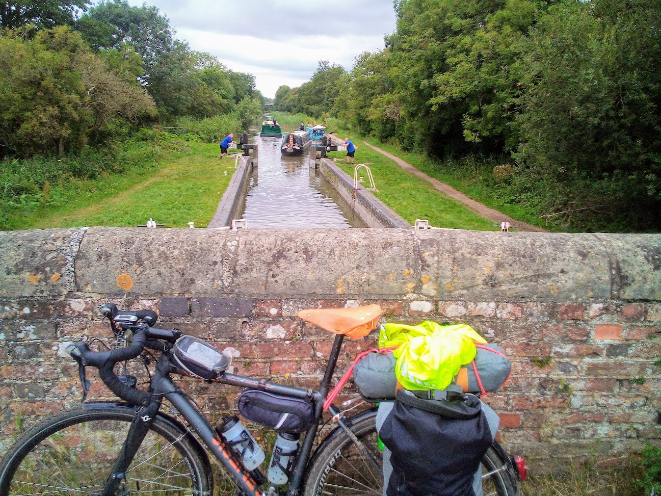 A picture of my laden bicycle, taken on a bridge, while cycling the Kennet And Avon Canal cycle route