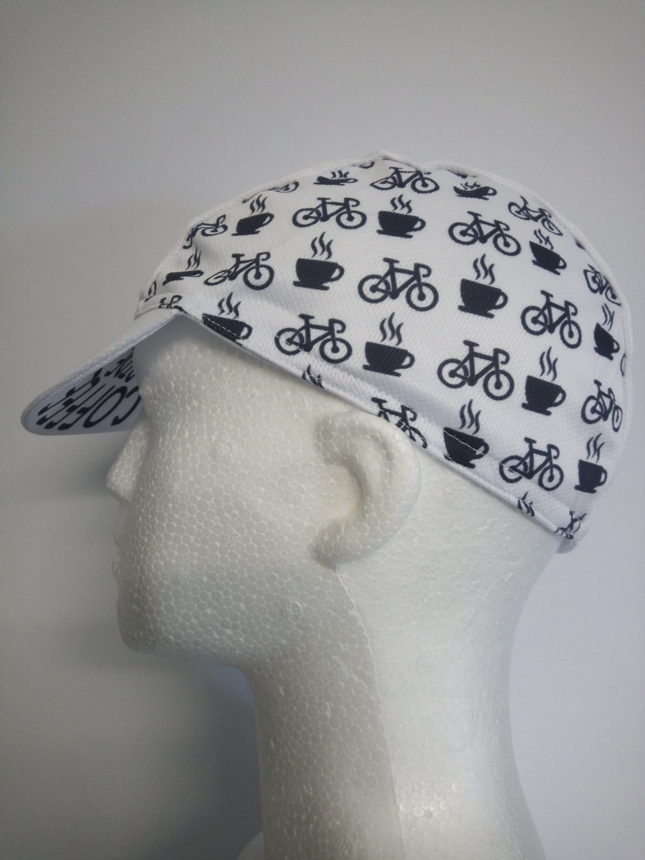 Coffee Ride cycling cap, white, with black print